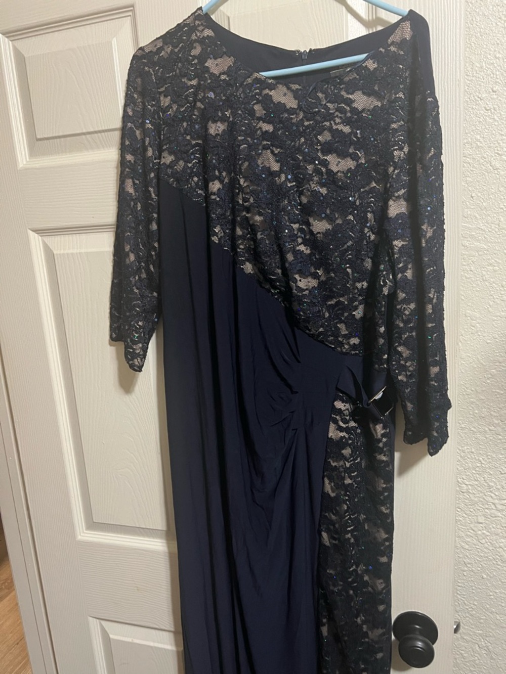 Navy Lace Overlay Evening Dress
